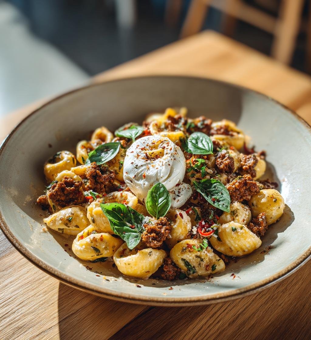 Krämig köttfärspasta med rostad vitlök och burrata - Enkel och God