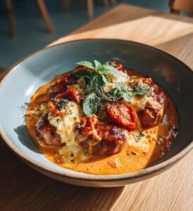 Falukorvsrullar med cheddar och krämig tomatsås