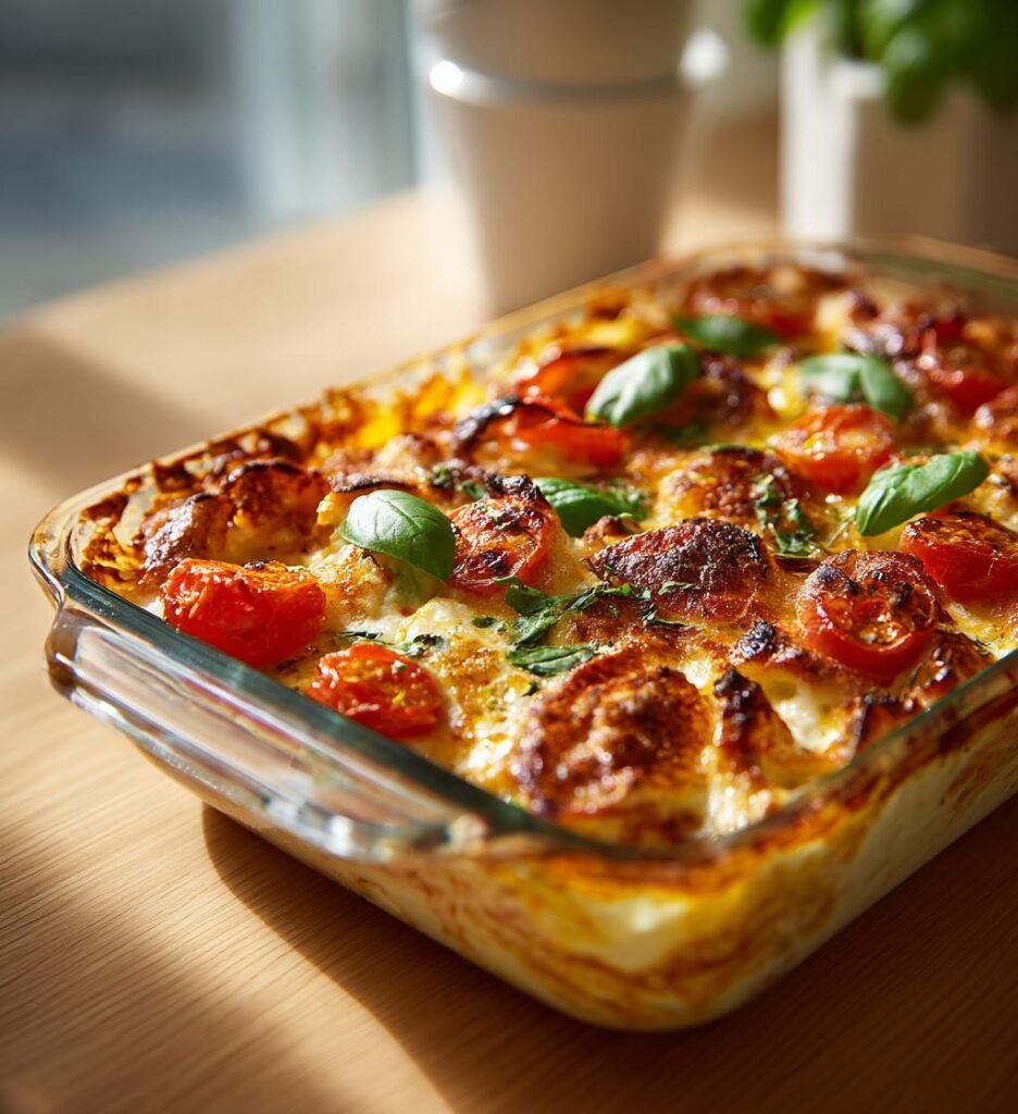 Krämig fiskgratäng med tomat, basilika och parmesan