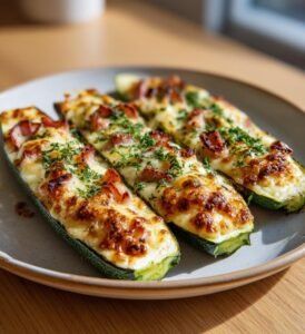 Zucchinipizzabåtar med skinka och ost