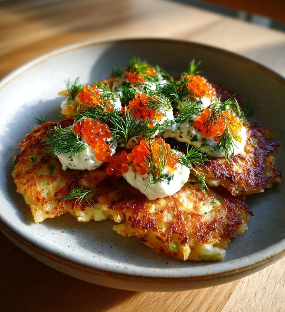 Skaldjursrösti med citron, dill och romkräm