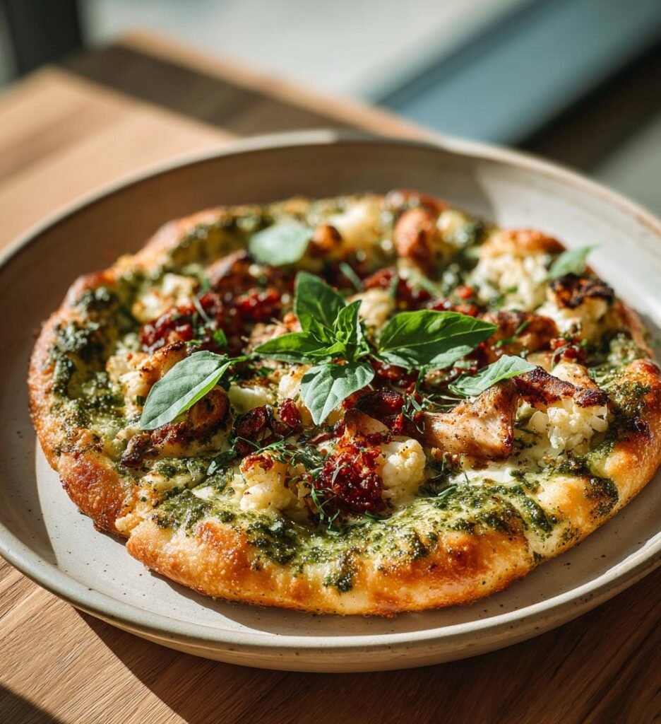 Blomkålspizza med kyckling och pesto
