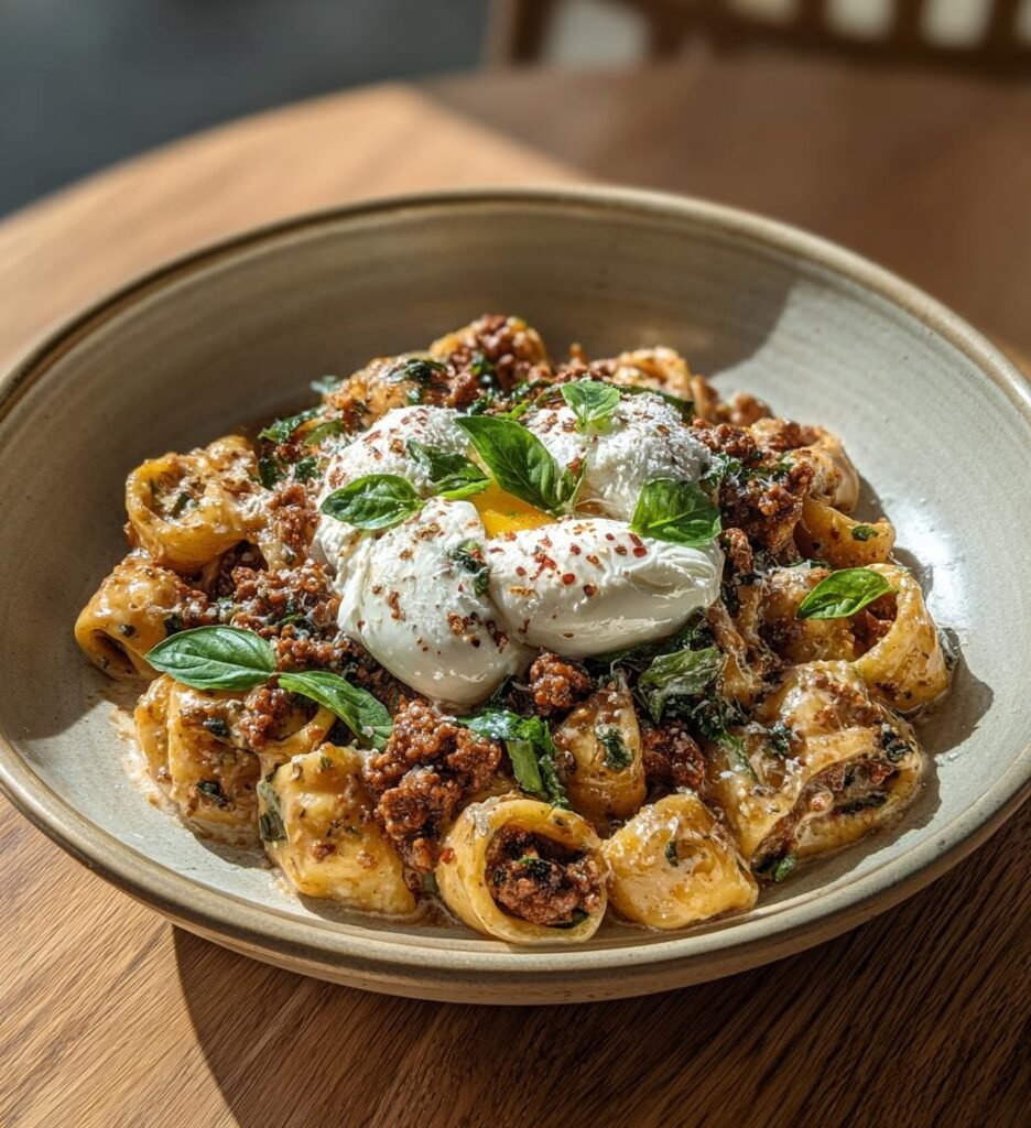 Krämig köttfärspasta med rostad vitlök och burrata