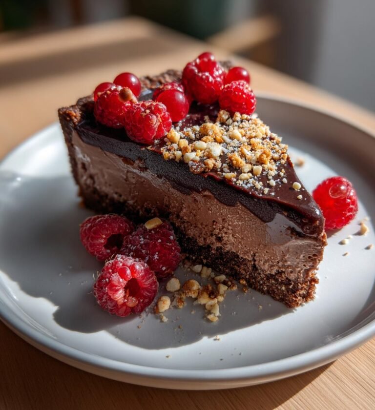 Silkeslen chokladpaj med mandelpralin och hallon