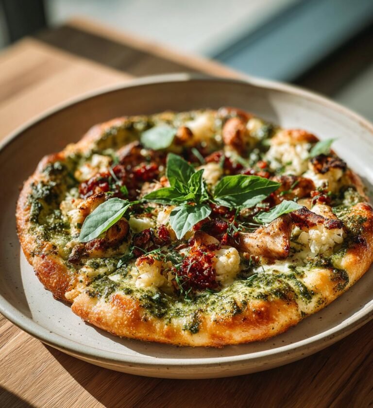 Blomkålspizza med kyckling och pesto