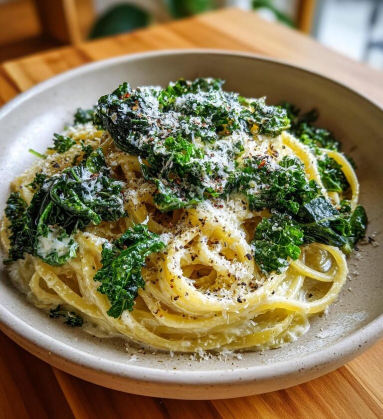 Laxpasta med grönkål och len citronsås