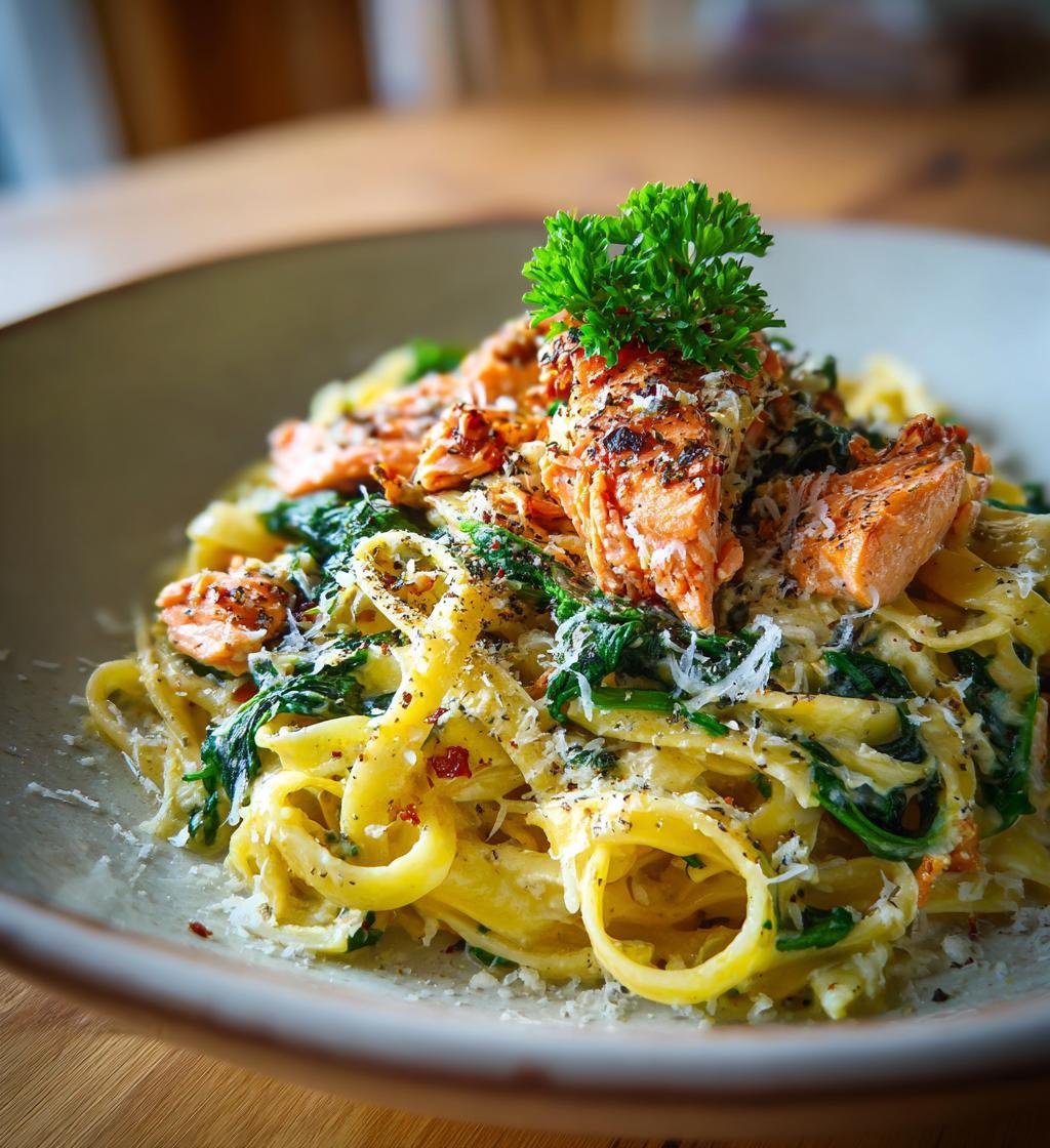 Lax Alfredo-pasta med spenat och parmesan – En krämig och god middag - steg för steg