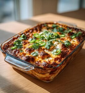Burritogratäng med kyckling, ris och svarta bönor