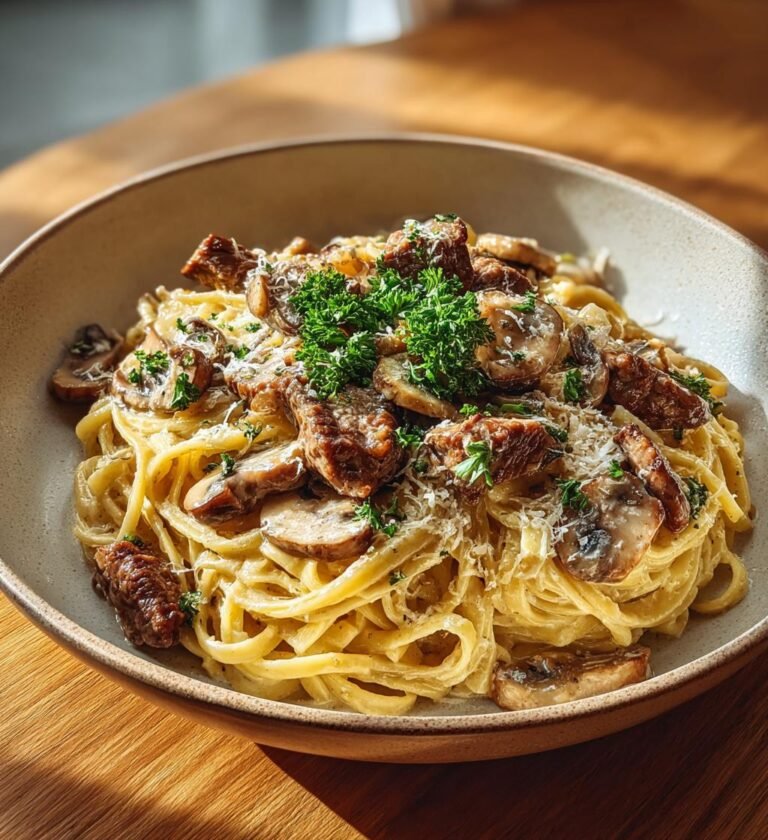 Krämig biffstroganoffpasta med champinjoner