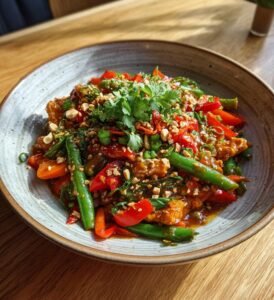 Kycklingwok med jordnötssås och krispiga grönsaker