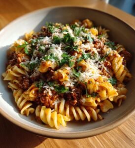 Krämig tacopasta med köttfärs och cheddar