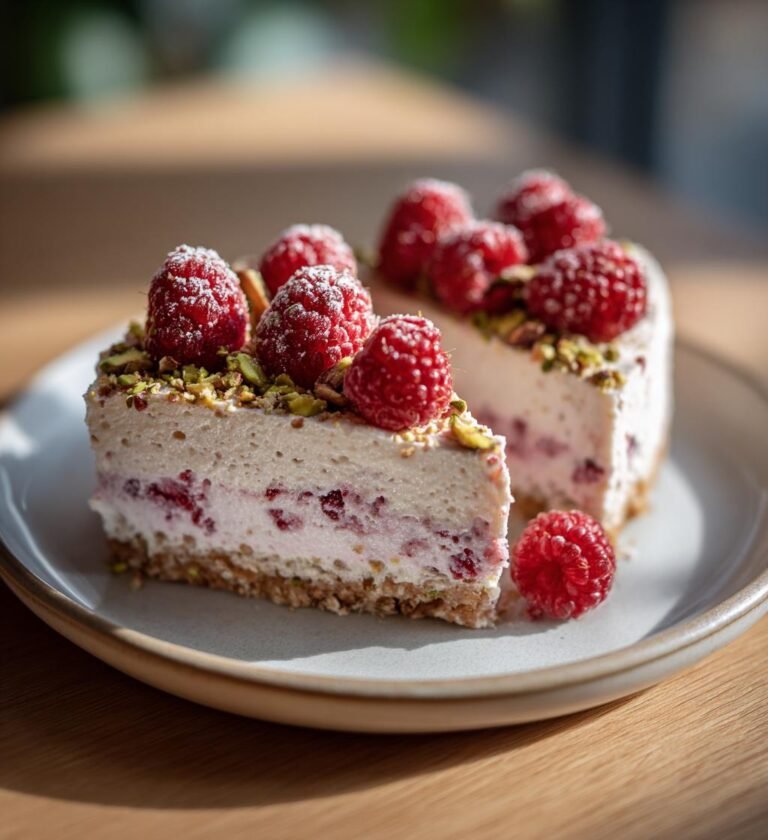 Hallon- och pistagecheesecake