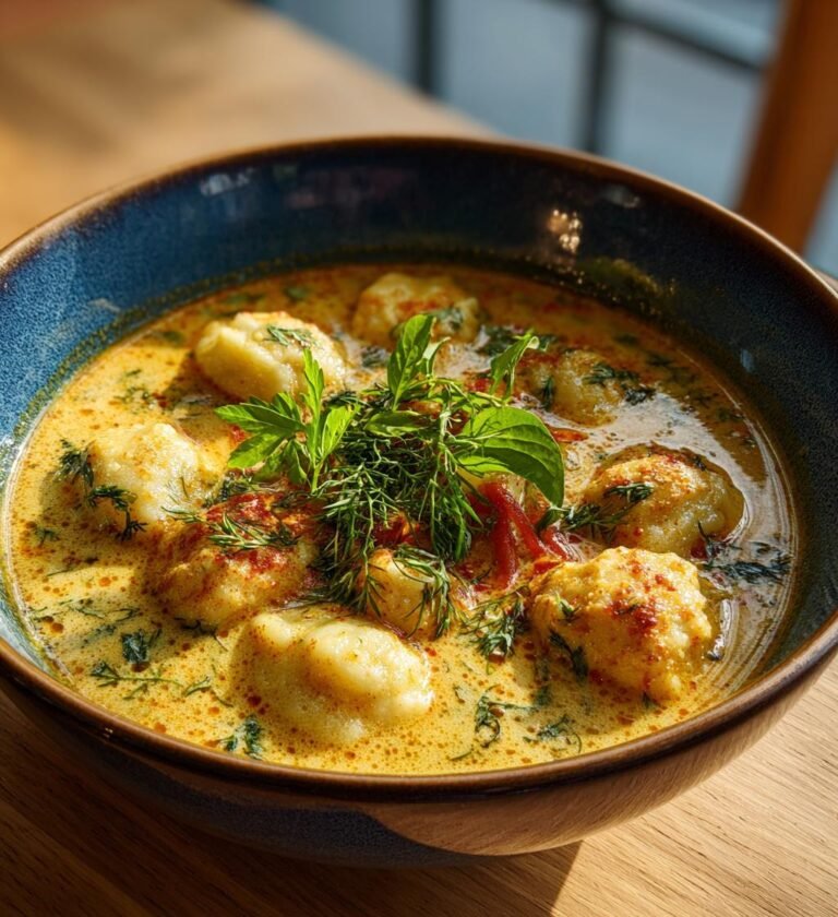 Kycklingdumplings i krämig grönsaksbuljong