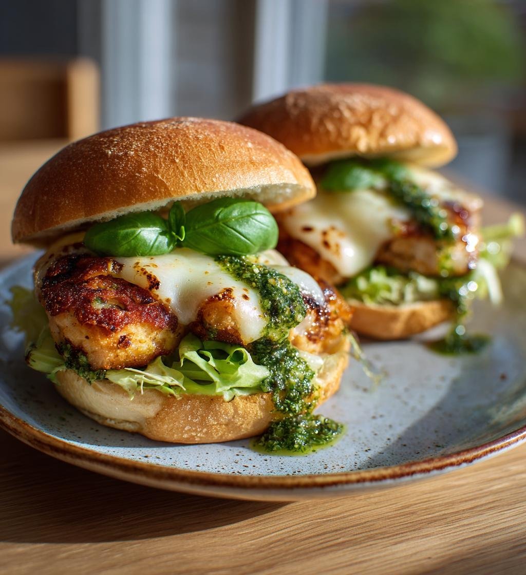 Frasiga kycklingburgare med mozzarella och pestodressing – Enkel och God