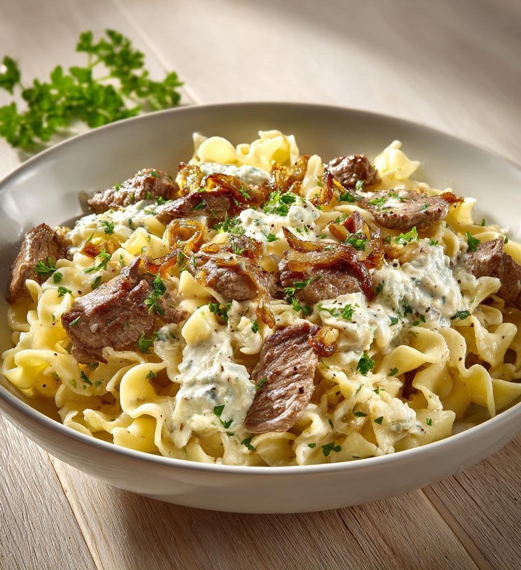 Pasta med lövbiff, gorgonzola och karamelliserad lök - En perfekt middag