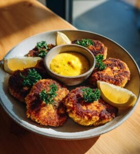 Lax- och potatisbiffar med citron- och örtdipp