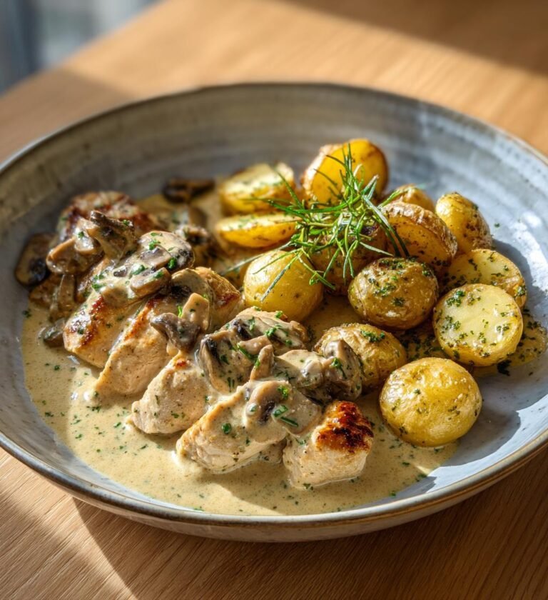 Kycklingfilé i krämig dragonsås med rostad potatis