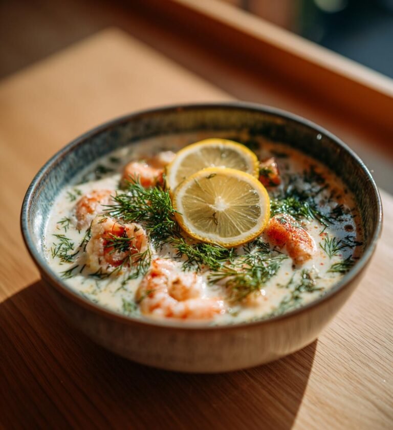 Räk- och laxsoppa med dill och citron