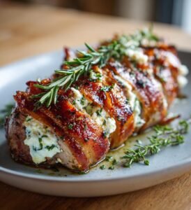 Fylld fläskfilé med färskost, vitlök och bacon