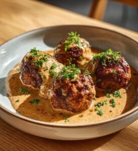 Ostfyllda nötfärsbiffar med krämig pepparsås