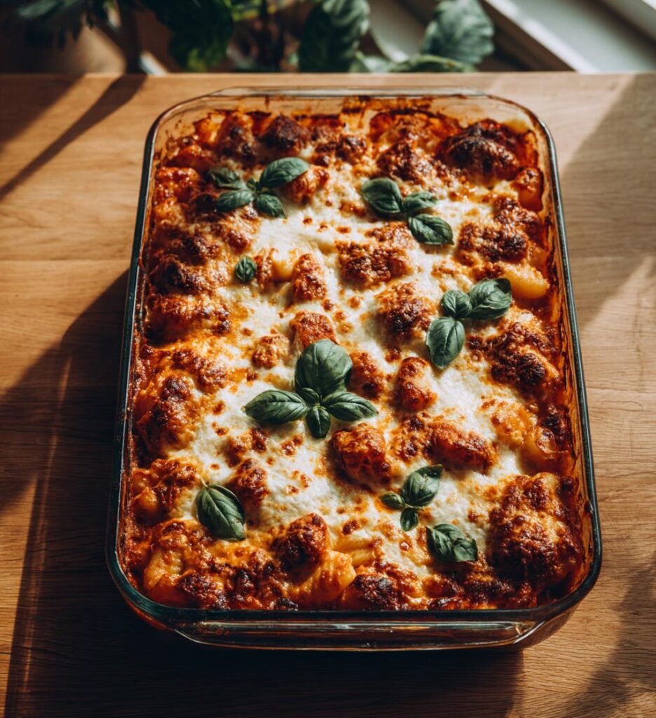 Gnocchigratäng med tomat, basilika och mozzarella