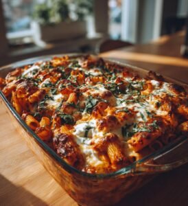 Bakad penne med tomatsås, burrata och basilika