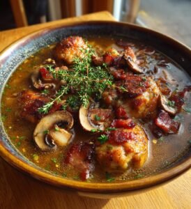 Kycklinggryta med bacon, champinjoner och timjan
