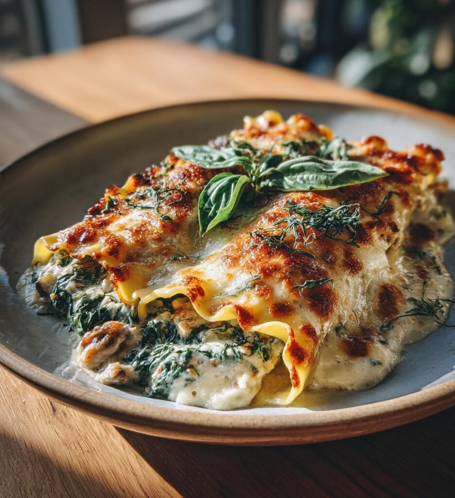 Lasagnerullar med svamp, spenat och tre sorters ost