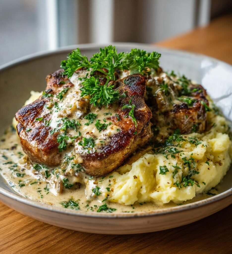 Fläskkotletter med äppelgräddsås och ostmos