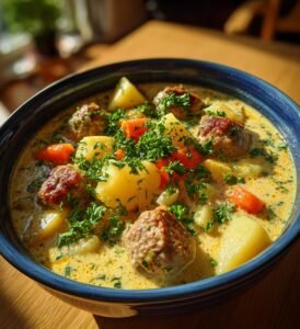 Krämig köttbullssoppa med potatis och morot