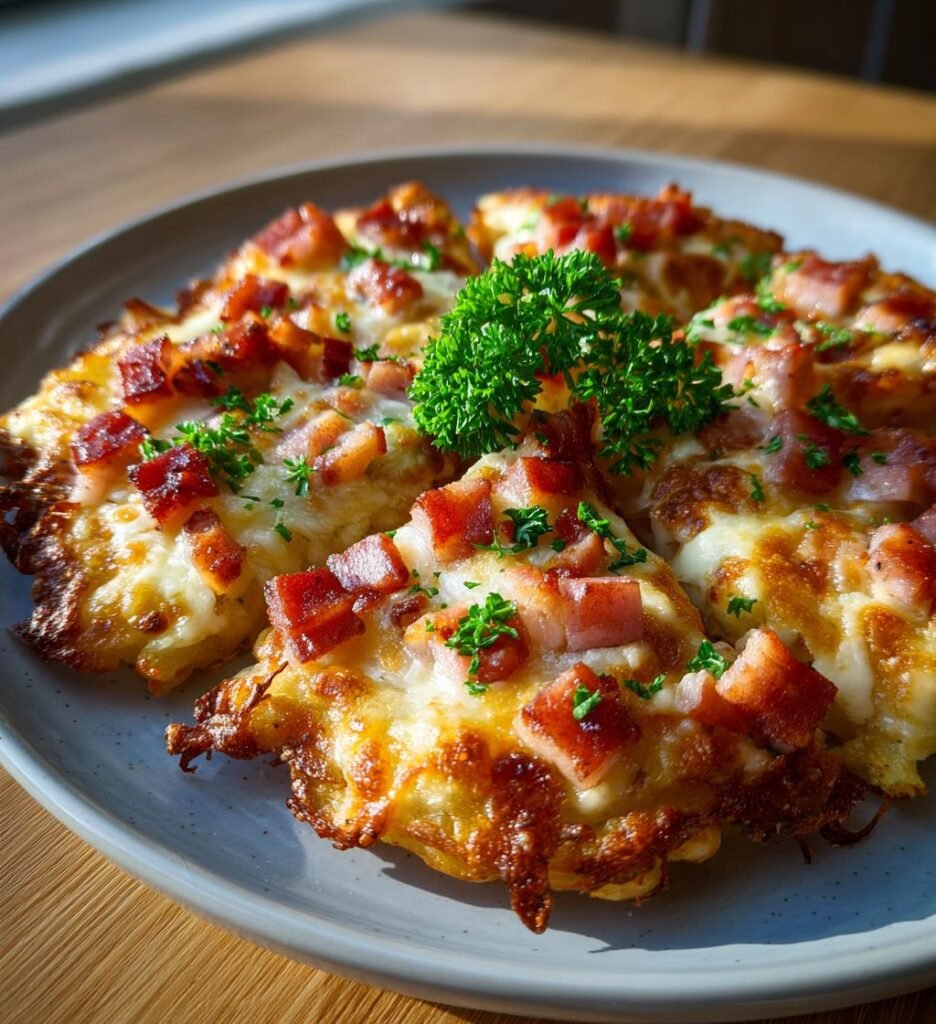 Frasig potatispizza med skinka och ost