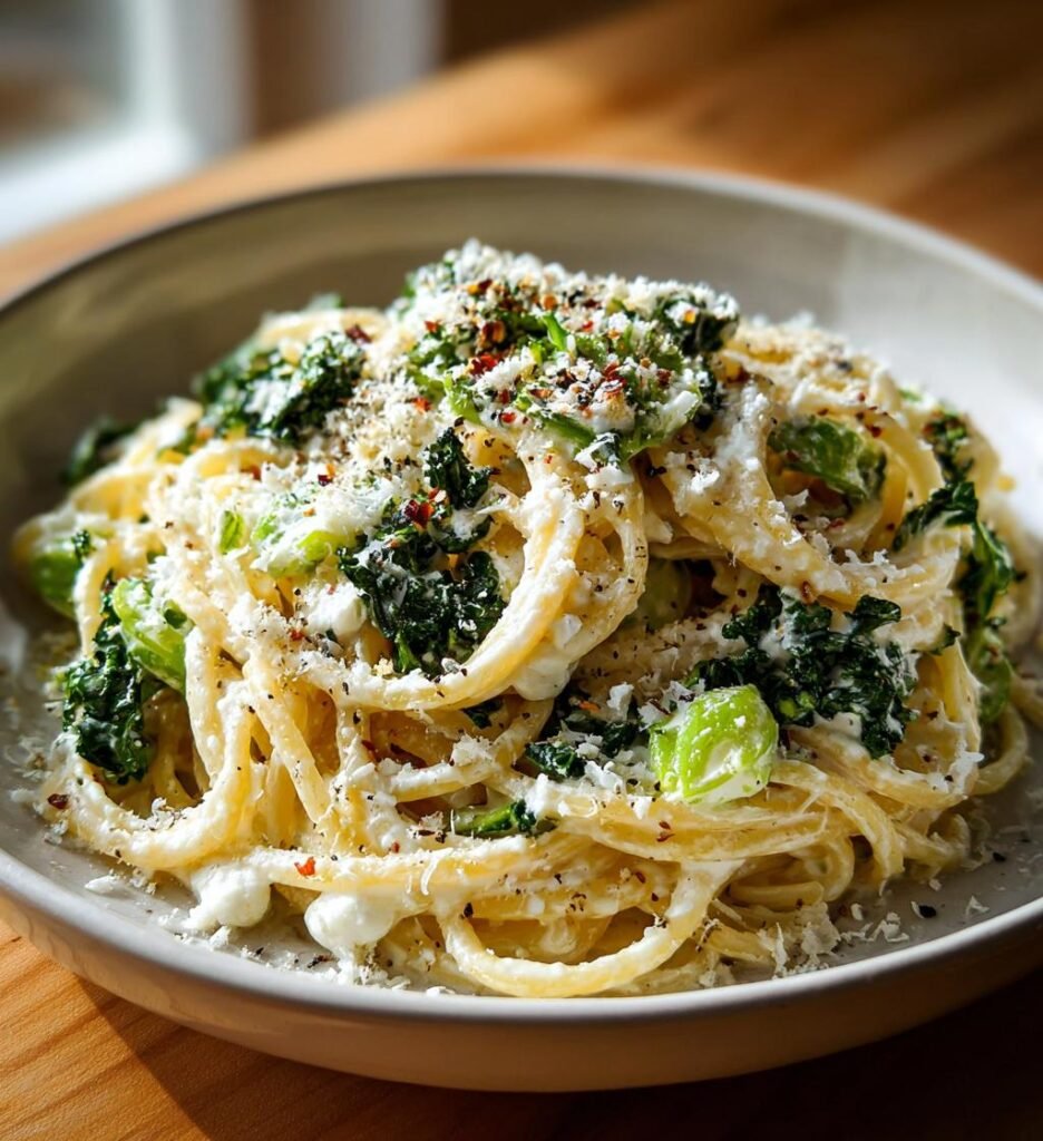 Laxpasta med grönkål och len citronsås