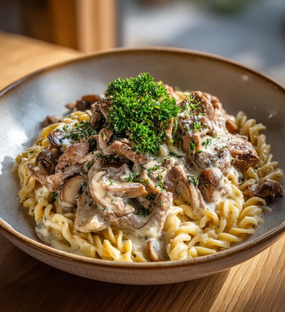 Krämig biffstroganoffpasta med champinjoner