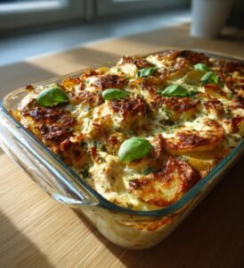 Kyckling- och pestogratäng med potatis och mozzarella