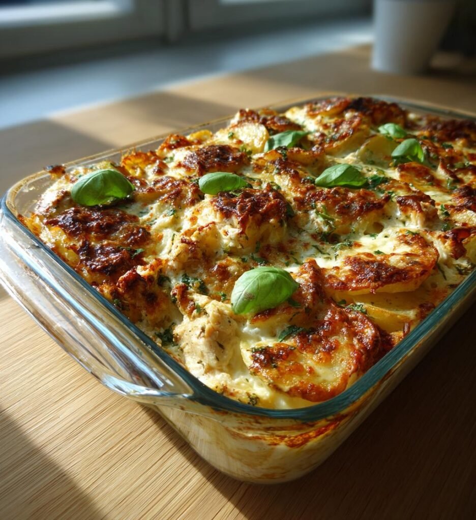 Kyckling- och pestogratäng med potatis och mozzarella