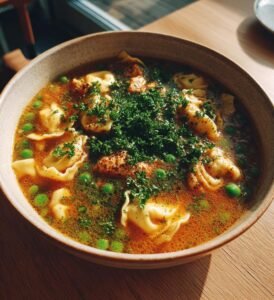 Krämig kycklingsoppa med tortellini och gröna ärtor