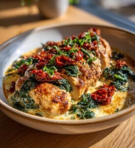 Fläskytterfilé med soltorkad tomat, spenat och mascarpone