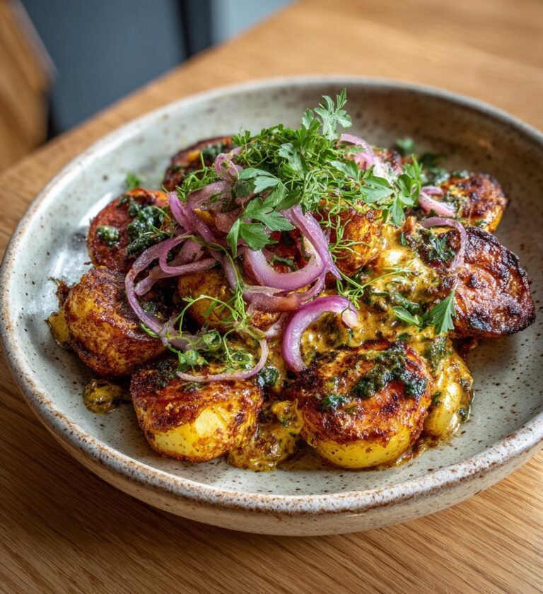 Korvplåt med potatis, rödlök och örtig senapssås