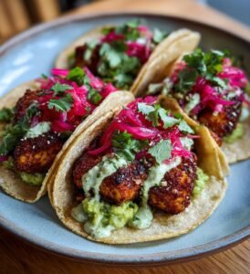 Frasiga kycklingtacos med avokadokräm och picklad rödlök