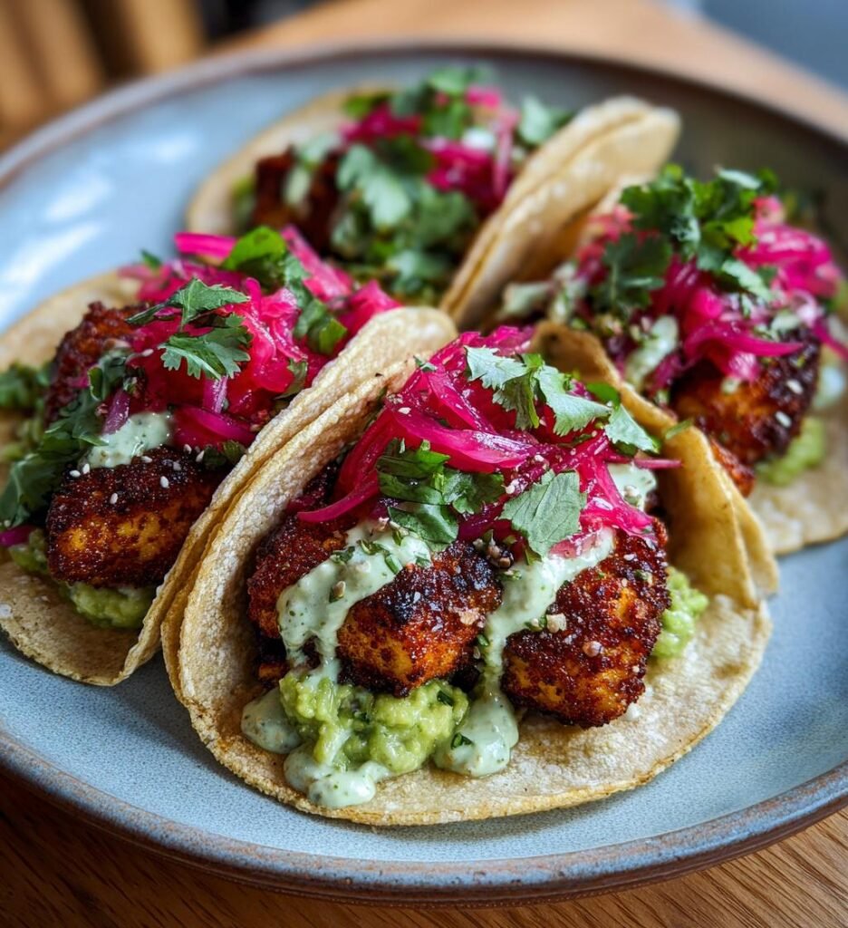 Frasiga kycklingtacos med avokadokräm och picklad rödlök