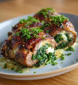 Lövbiffsrullar med spenat, vitlök och ost