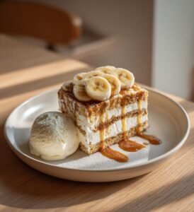 Banan- och kolapuddingkaka med vaniljglass