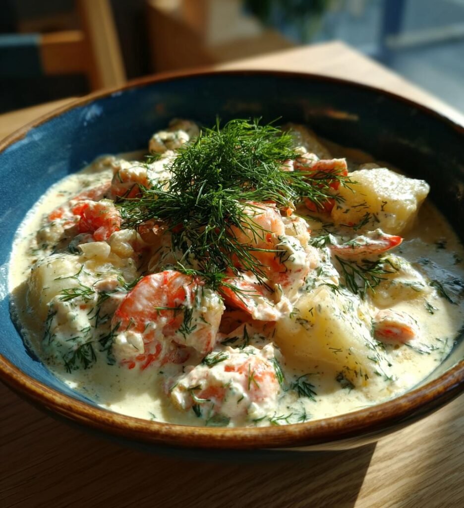 Torskrygg i krämig räk- och dillsås