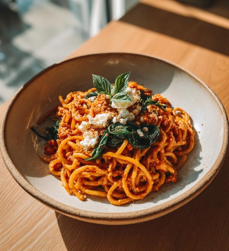 Krämig paprikapasta med fetaost och spenat