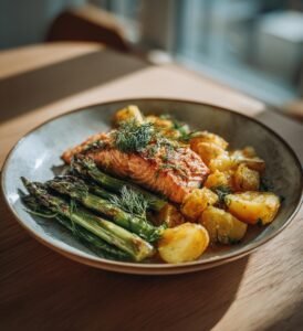 Vårlax med sparris, dill och smörslungad potatis