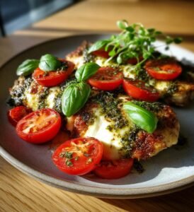 Mozzarellafylld kycklingfilé med pesto och tomat