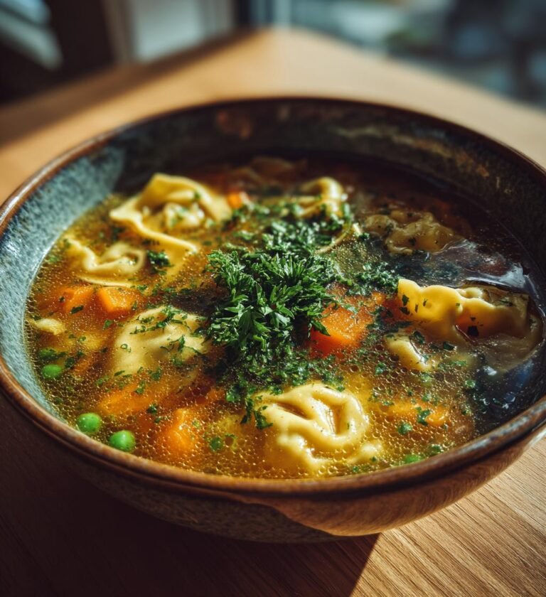 Krämig kycklingsoppa med tortellini och gröna ärtor