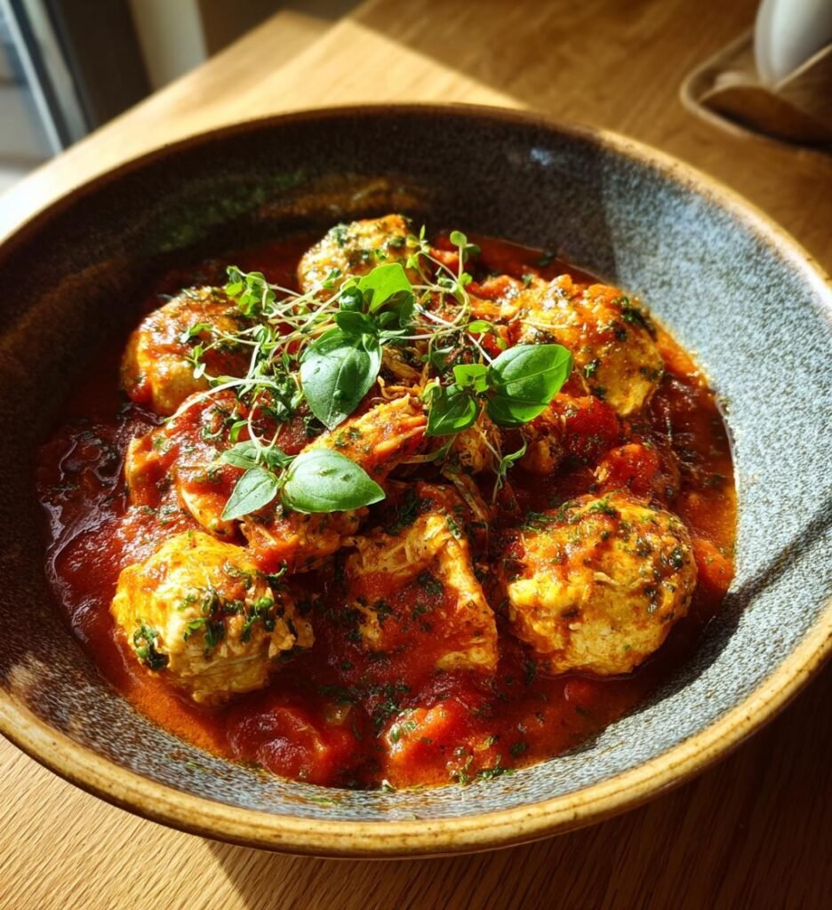 Kyckling- och risbollar i krämig tomatsås