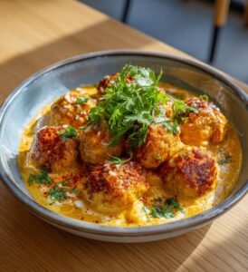Kycklingköttbullar i mangocurry med kokosgrädde
