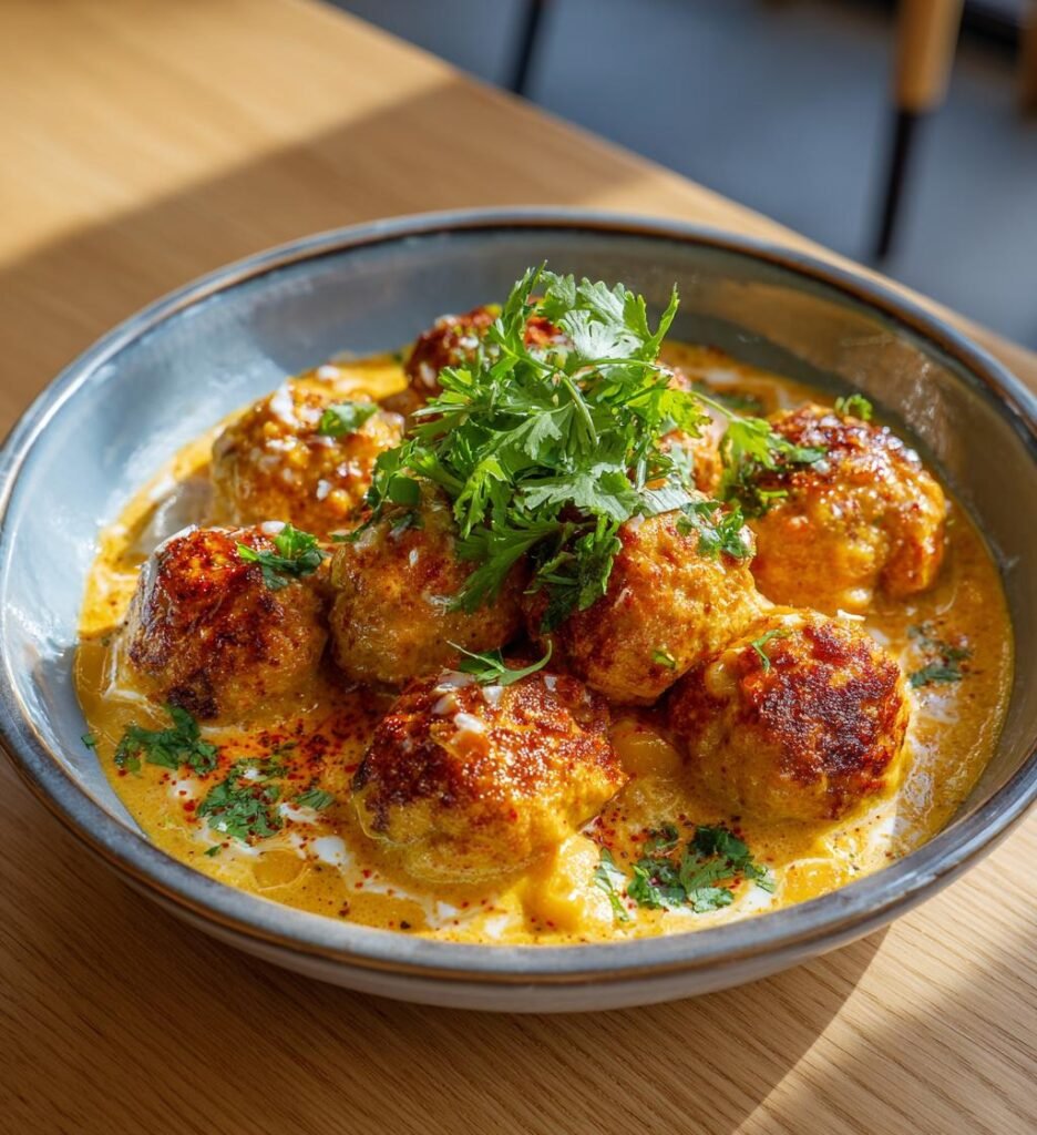 Kycklingköttbullar i mangocurry med kokosgrädde
